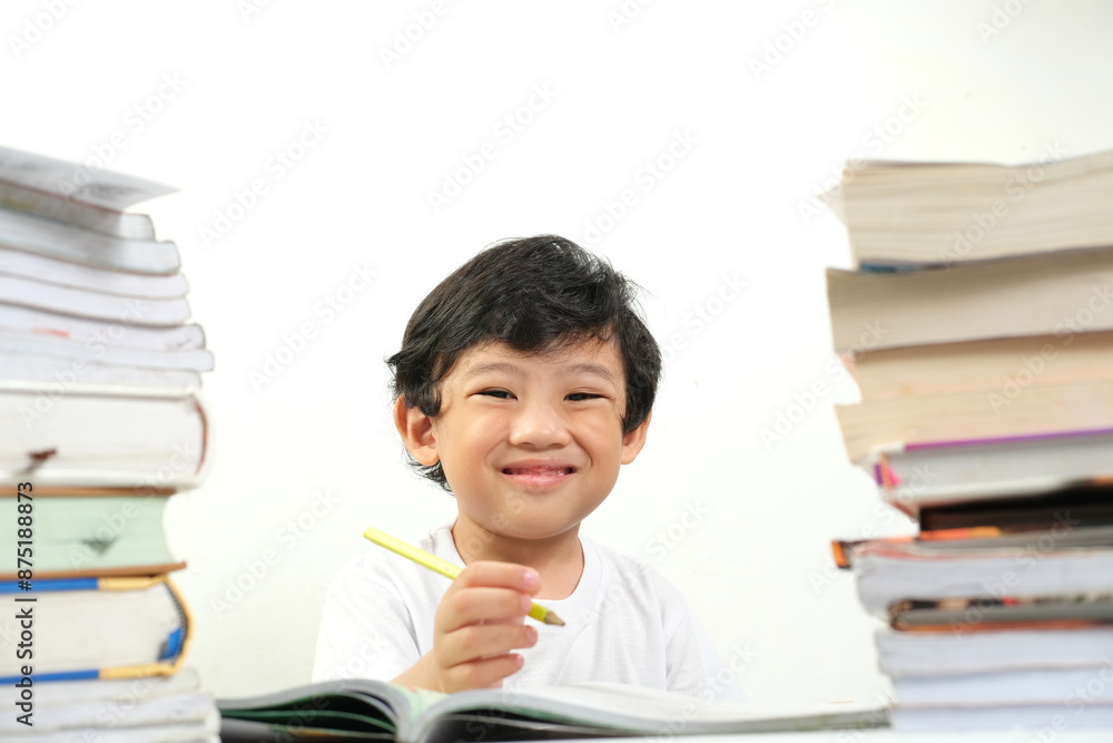 A young boy smiles brightly among stacks of books, holding a yellow pencil while studying. This portrait captures the enthusiasm and joy of learning, A young boy smiles brightly among stacks of books, holding a yellow pencil while studying. This portrait captures the enthusiasm and joy of learning,