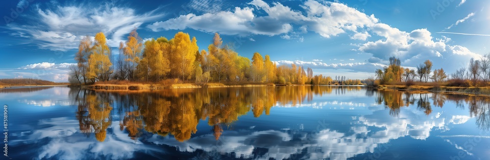 panoramic view of forest lake with blue sky and clouds panoramic view of forest lake with blue sky and clouds