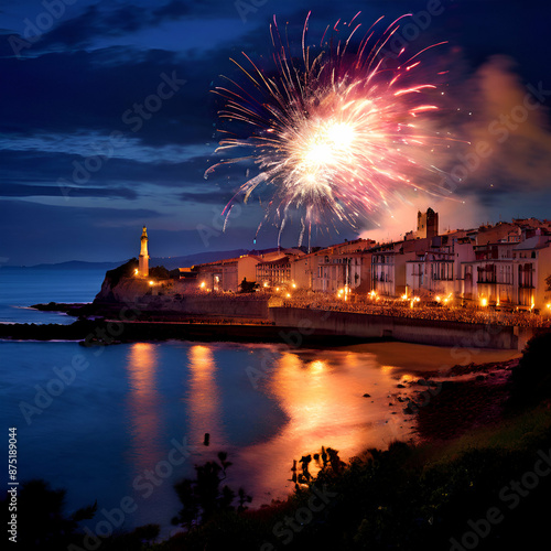 The village of Savines-le-Lac with 14th of July fireworks (Bastille Day celebration) photo