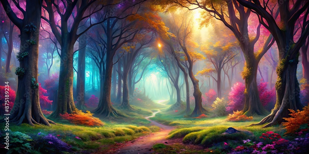 Fototapeta premium Enchanted forest with vibrant colors and mystical aura, magic, wood, fantasy, enchanted, forest, nature, whimsical