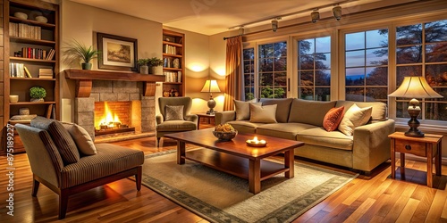 Cozy living room with comfortable furniture and warm lighting, cozy, living room, furniture, decor, interior design