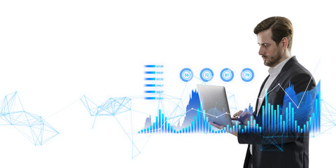 A businessman analyzing digital graphs on his laptop, digital illustration on a white background, concept of analytics