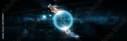 Foto Insurance Technology: Hands of Robot and Human Touching on Insurance Network Connection Background, Integration and Artificial Intelligence Technology, Efficiency and Security