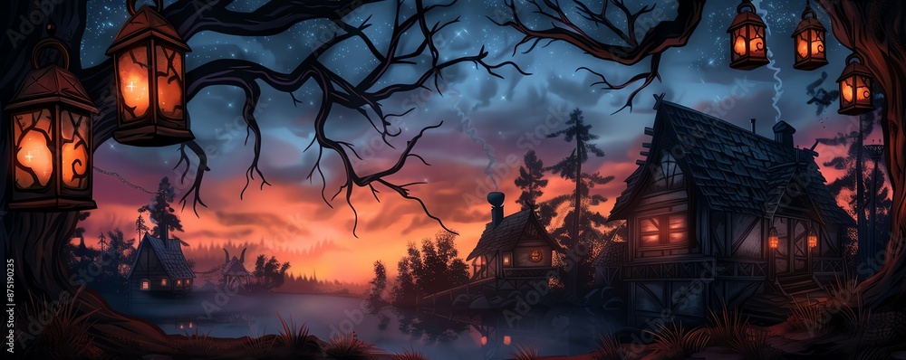 A tranquil enchanted village at sunset, transitioning from day to night, with cheerful villagers celebrating a festival under watercolor lanterns and starry skies A tranquil enchanted village at sunset, transitioning from day to night, with cheerful villagers celebrating a festival under watercolor lanterns and starry skies