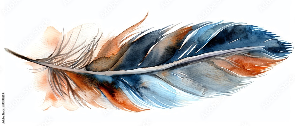Fototapeta premium Watercolor illustration of a single feather floating down, clipart style, isolate on white background, embodying a sense of freedom and lightness, ,