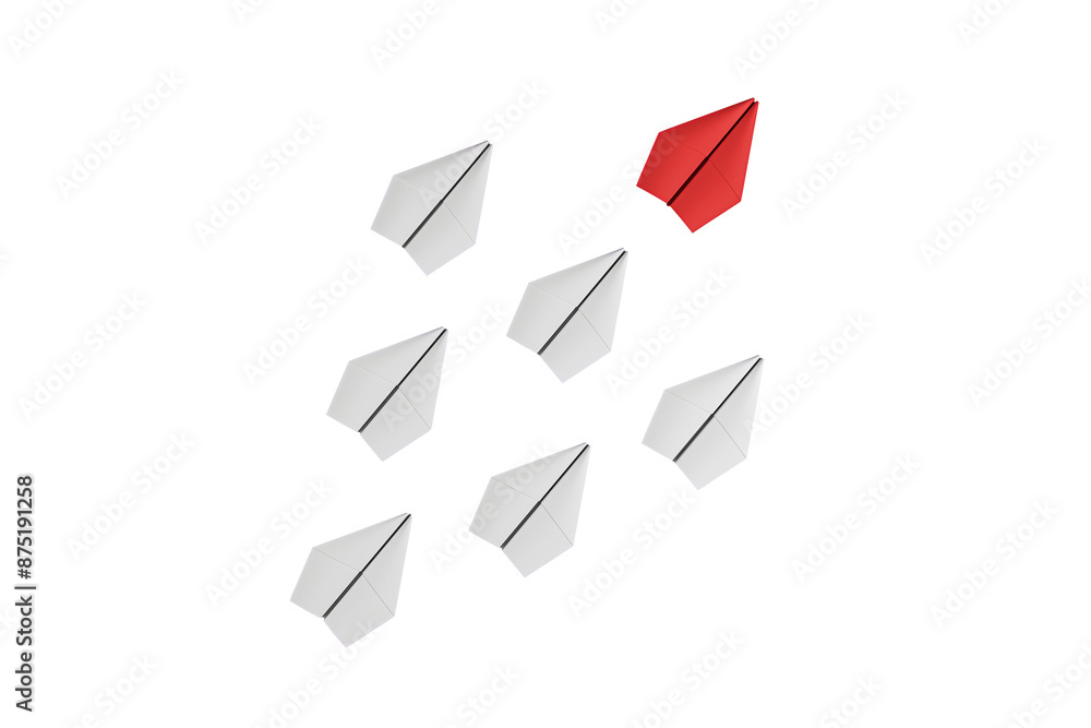 Multiple paper planes on a white background, one in red color standing out, symbolizing uniqueness or leadership. 3D Rendering Multiple paper planes on a white background, one in red color standing out, symbolizing uniqueness or leadership. 3D Rendering