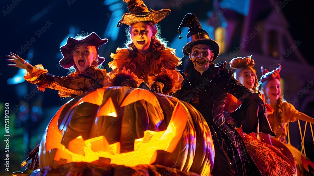 Naklejka premium kids wearing halloween custom with scary pumpkin