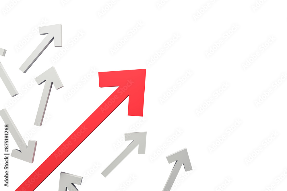 Multiple white arrows on a white background with a prominent red arrow pointing upwards, symbolizing growth or leadership. 3D Rendering