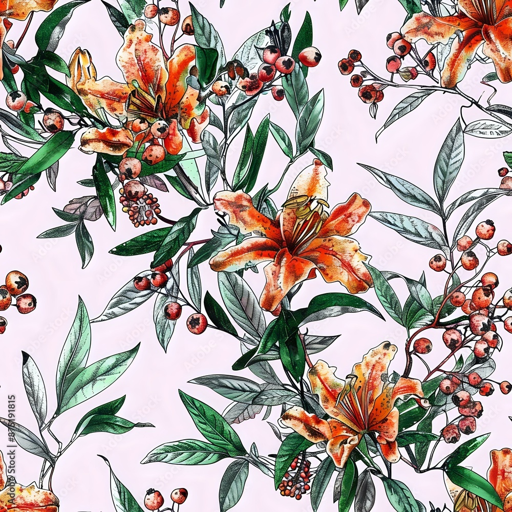 Delicate Lily and Rowan Branch Bouquet Pattern Delicate Lily and Rowan Branch Bouquet Pattern