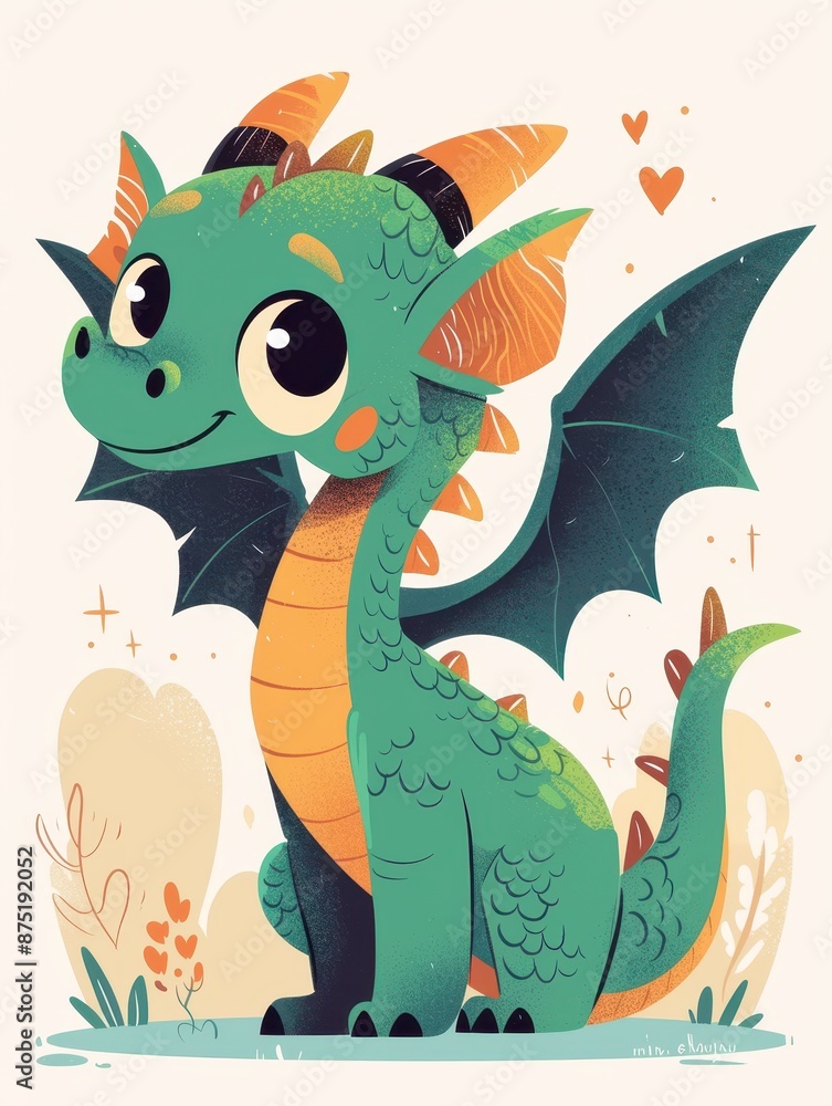 Fototapeta premium Adorable Green Dragon with Heart Background