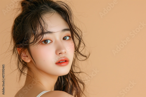 Portrait of beautiful Asian teenager in korean style makeup on beige background. Copy space