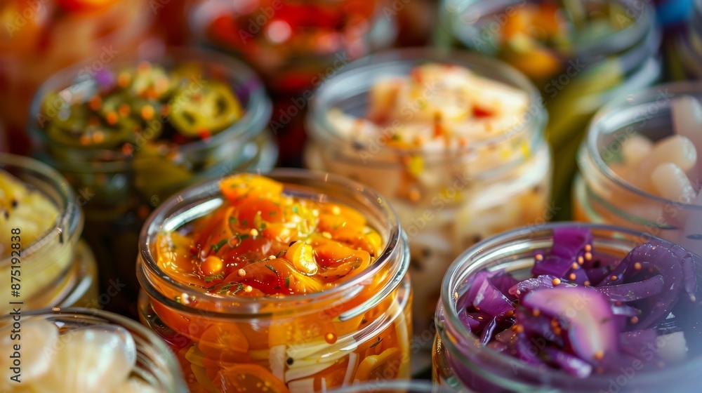 Jars of Pickled Vegetables, A Colorful Array of Homemade Preserves, Appetizing and Ready to Serve Jars of Pickled Vegetables, A Colorful Array of Homemade Preserves, Appetizing and Ready to Serve