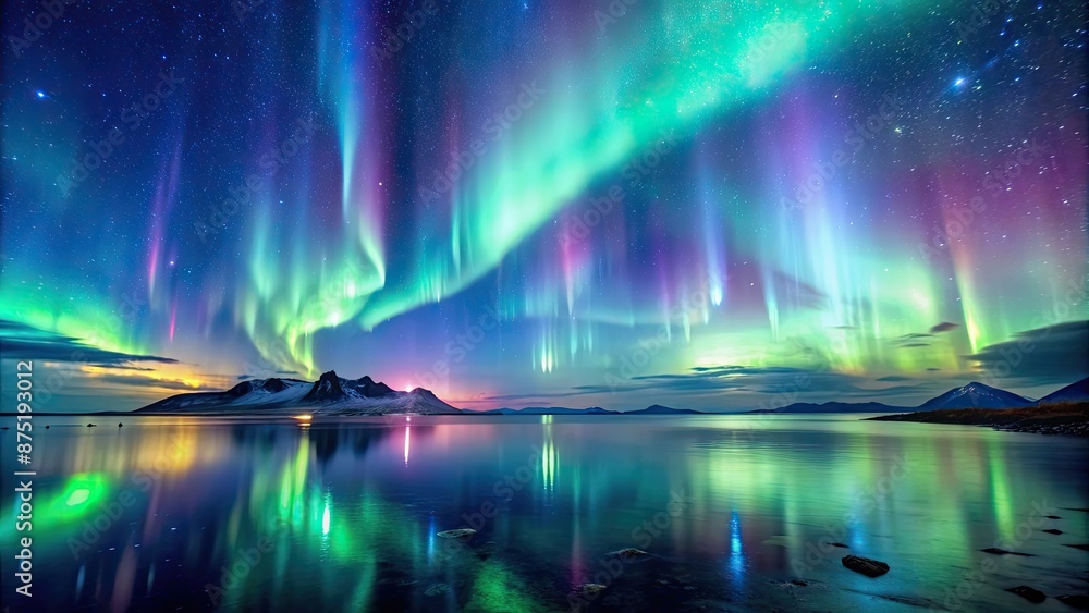 Enchanting view of the Aurora Borealis dancing in the night sky over a shimmering sea of stars, Aurora Borealis Enchanting view of the Aurora Borealis dancing in the night sky over a shimmering sea of stars, Aurora Borealis