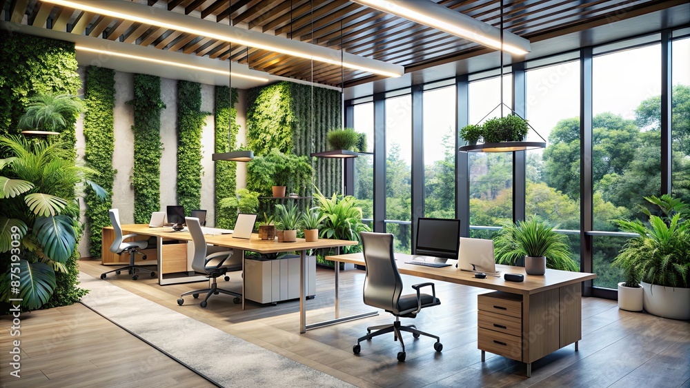 Futuristic workspace with nature elements, featuring a modern office with biophilic design and sustainable features Futuristic workspace with nature elements, featuring a modern office with biophilic design and sustainable features