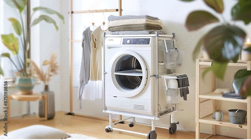 Modern Laundry Room with White Dryer on a Rolling Cart Modern Laundry Room with White Dryer on a Rolling Cart