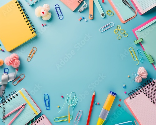 Flat lay of school supplies on blue background, vibrant pastel colors, hyper realistic, super detailed, web template, empty text space.