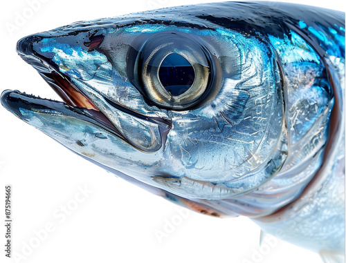 Close-up shot of a shiny fish head with detailed scales and a vivid blue hue, perfect for aquatic or marine-themed content. photo