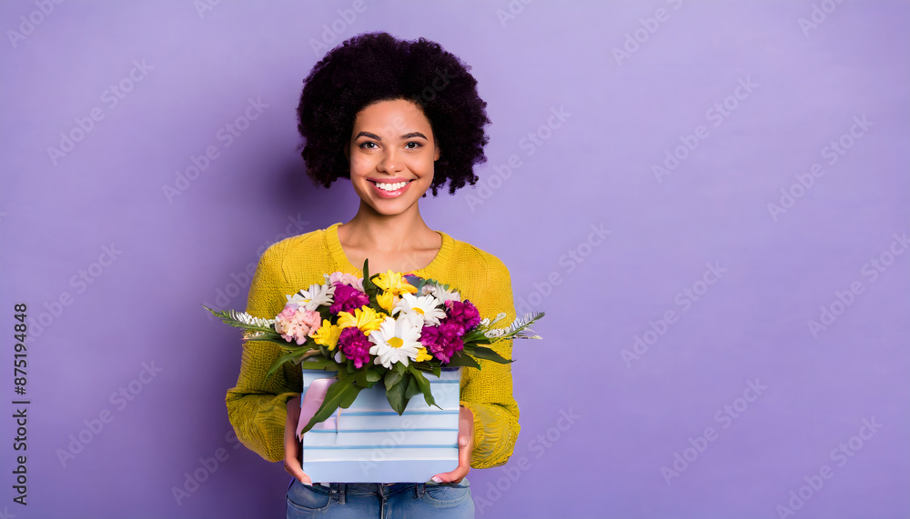 Photo of charming cheerful lady arms hold box of wild flowers toothy smile isolated on viole. Generative AI. Photo of charming cheerful lady arms hold box of wild flowers toothy smile isolated on viole. Generative AI.