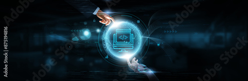 Foto Web Development: Hands of Robot and Human Touching on Web Network Connection Background, Integration and Artificial Intelligence Technology, Optimization and User Experience