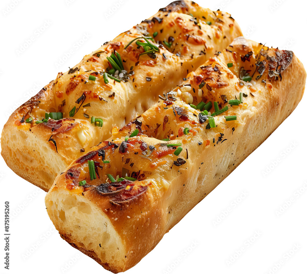 Two golden brown bread rolls topped with melted cheese and herbs. Two golden brown bread rolls topped with melted cheese and herbs.