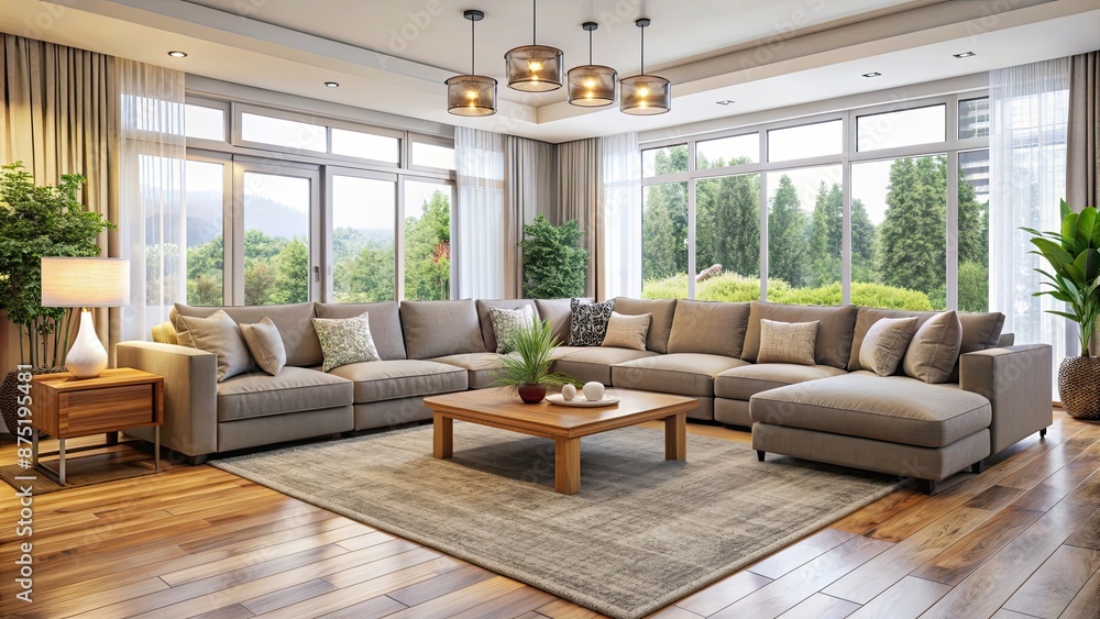 Comfortable living room with large sofas , cozy, spacious, relaxation, modern, interior, furniture, cushions, decor Comfortable living room with large sofas , cozy, spacious, relaxation, modern, interior, furniture, cushions, decor