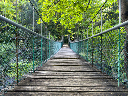 empty suspension bridge in the forest, hiking concept