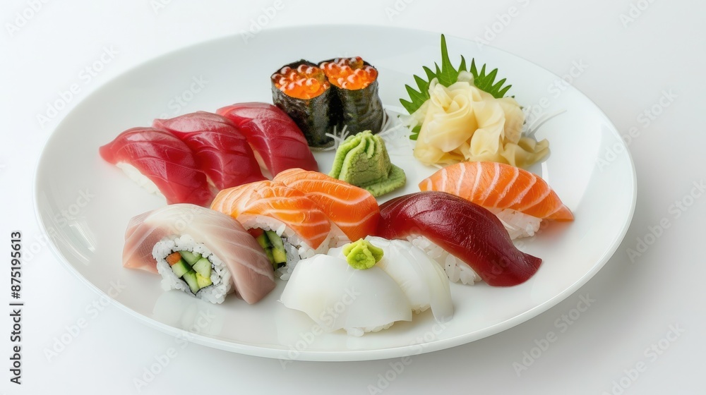 A beautifully plated sushi assortment representing Japan, with a minimalist white background. A beautifully plated sushi assortment representing Japan, with a minimalist white background.
