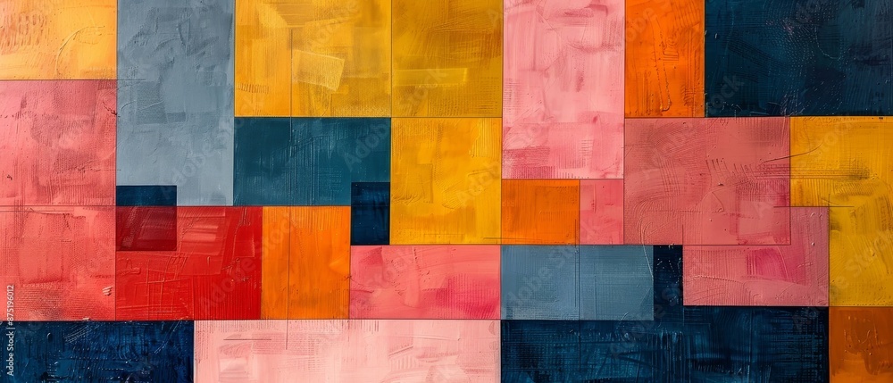 A colorful painting with a blue and red square in the middle A colorful painting with a blue and red square in the middle