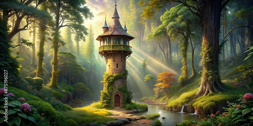 Enchanted Rapunzel tower hidden deep in the forest , fantasy, fairytale, princess, castle, tower, magical, woods, forest photo