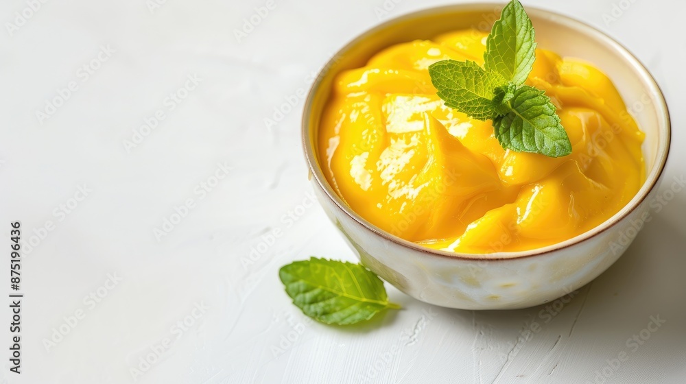 A bowl of Chinese mango pudding garnished with mint leaves on a white background. A bowl of Chinese mango pudding garnished with mint leaves on a white background.