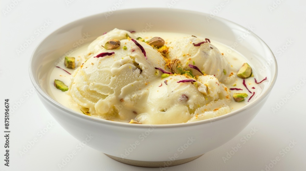 A bowl of creamy Indian kulfi garnished with pistachios and saffron on a white background A bowl of creamy Indian kulfi garnished with pistachios and saffron on a white background