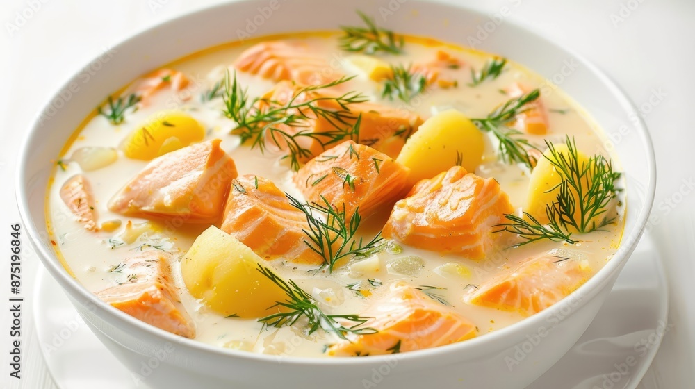 A bowl of Finnish salmon soup with potatoes and dill on a white background. A bowl of Finnish salmon soup with potatoes and dill on a white background.