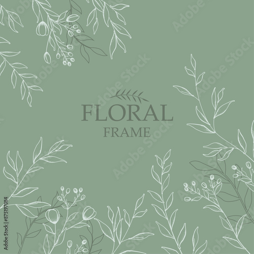 Flowers and twigs in white color on a green background. Card, template for th...