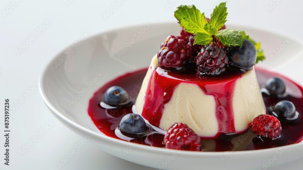 A bowl of Italian panna cotta with berry sauce on a white background. A bowl of Italian panna cotta with berry sauce on a white background.
