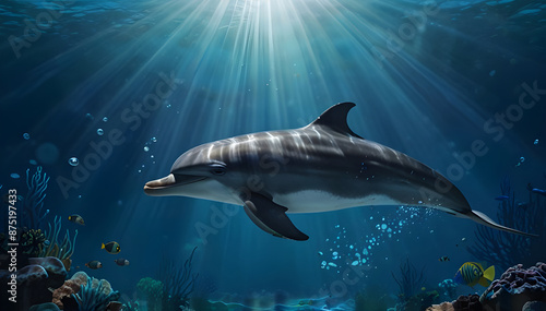 dolphin or Delphinidae swimming underwater under sea life with bubbles and sunbeams in blue deep water, sealife wide banner poster with copyspace 