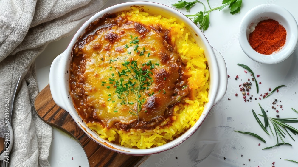 A bowl of South African bobotie with yellow rice on a white background A bowl of South African bobotie with yellow rice on a white background