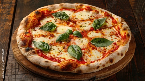 A classic Italian Margherita pizza with fresh basil leaves, served on a rustic wooden board.