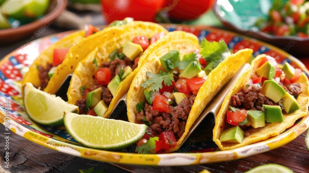 A colorful plate of Mexican tacos filled with beef, avocado, and salsa, garnished with lime wedges. A colorful plate of Mexican tacos filled with beef, avocado, and salsa, garnished with lime wedges.
