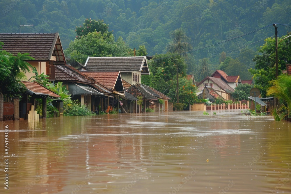 Fototapeta premium The village in flooding natural disaster