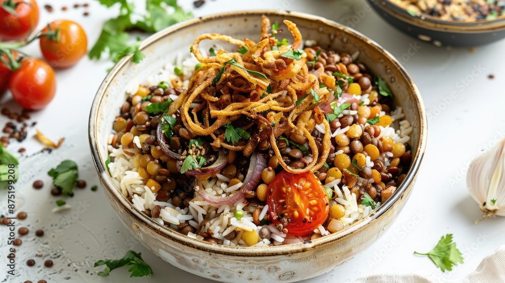 A dish of Egyptian koshari with rice, lentils, and pasta, topped with crispy onions on a white background. A dish of Egyptian koshari with rice, lentils, and pasta, topped with crispy onions on a white background.