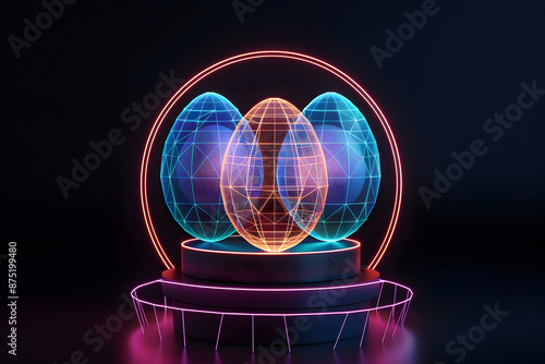 Neon wireframe podium with egg trophies isolated on black background.