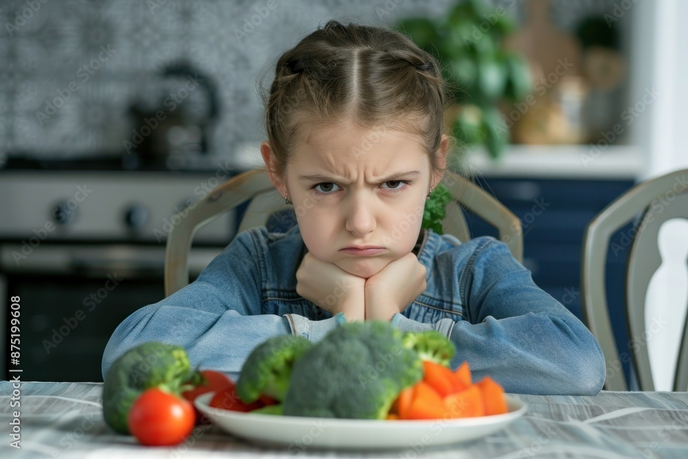 Unhappy young girl frowning at plate of vegetables, sitting at table in modern room Unhappy young girl frowning at plate of vegetables, sitting at table in modern room