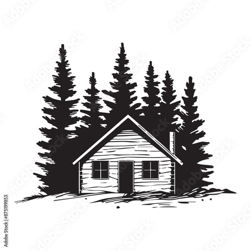 Simple logo icon of log cabin landscape scene, black vector illustration on white background