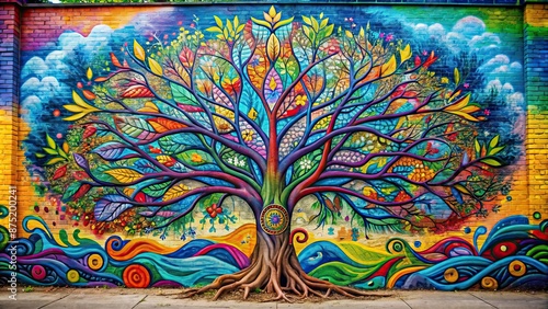 Colorful street graffiti artwork featuring a tree of life with intricate details, graffiti, street art, vibrant
