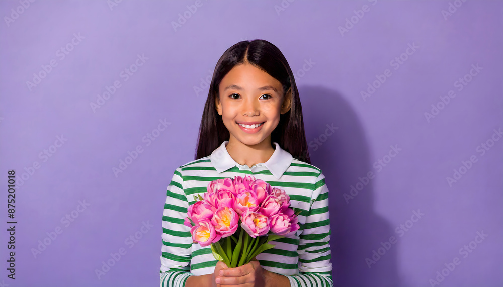 Portrait of nice cute cheerful girl holding in hands pink flowers isolated over bright viole. Generative AI. Portrait of nice cute cheerful girl holding in hands pink flowers isolated over bright viole. Generative AI.