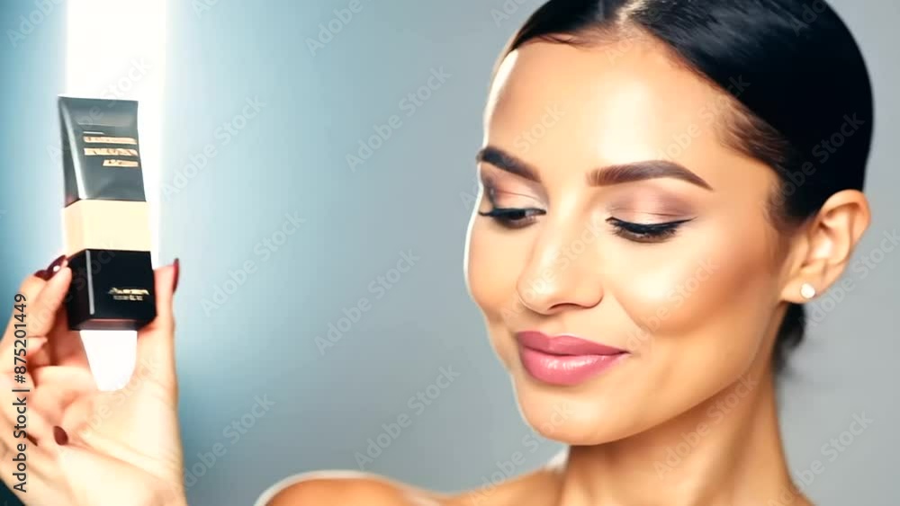 Elegant woman with glowing skin holding a cosmetic product, studio lighting Elegant woman with glowing skin holding a cosmetic product, studio lighting