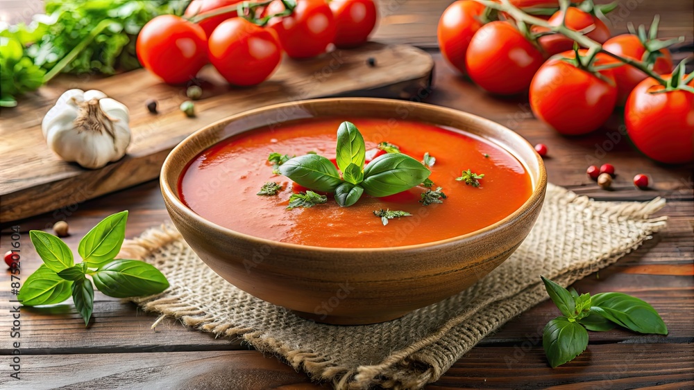 Delicious tomato soup garnished with fresh herbs on a beautifully decorated table, tomato, soup, comfort food Delicious tomato soup garnished with fresh herbs on a beautifully decorated table, tomato, soup, comfort food