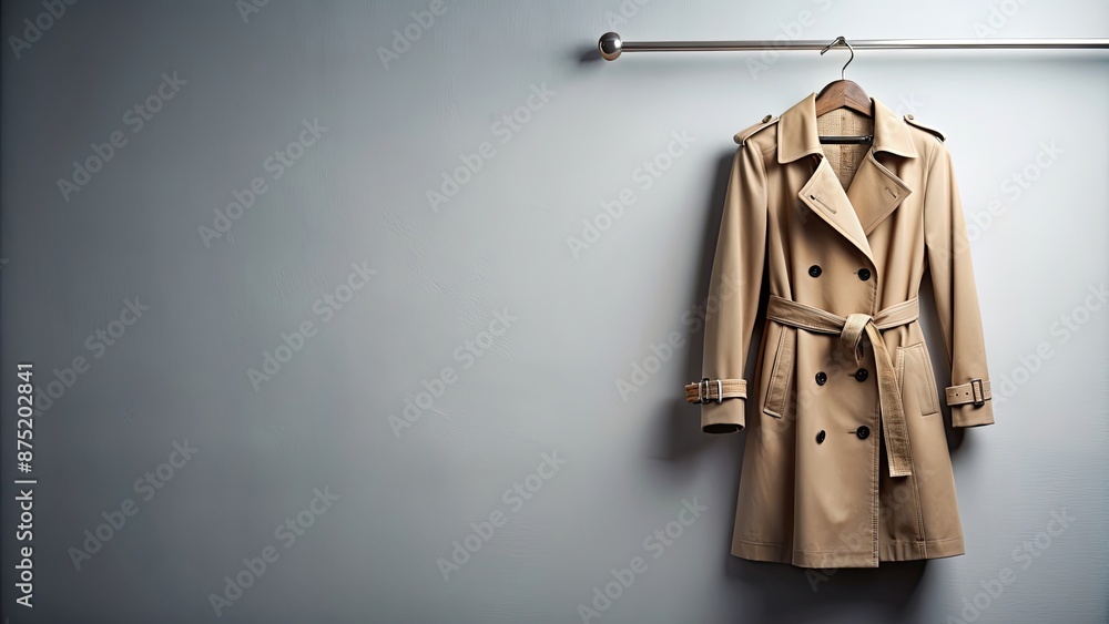 Naklejka premium Fashionable women's trench coat hanging as a display , fashion, clothing, style, trench coat, woman, feminine, elegant, outerwear