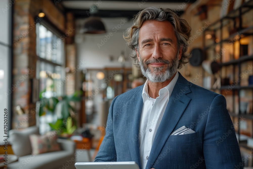 Smiling Middle-Aged CEO Using Digital Tablet Smiling Middle-Aged CEO Using Digital Tablet