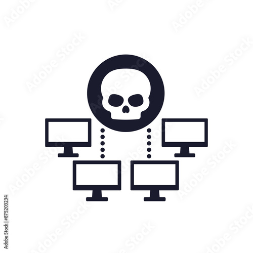 Botnet, bot attack icon, malware in computer network vector
